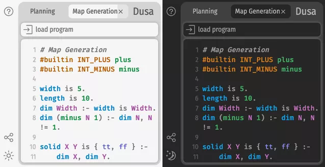 The dusa.rocks editor in light mode and dark mode, showing the syntax highlighting scheme