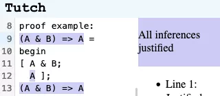 A screenshot showing a proof in the Tutch tutorial theorem prover, and Tutch's response that the proof is justified