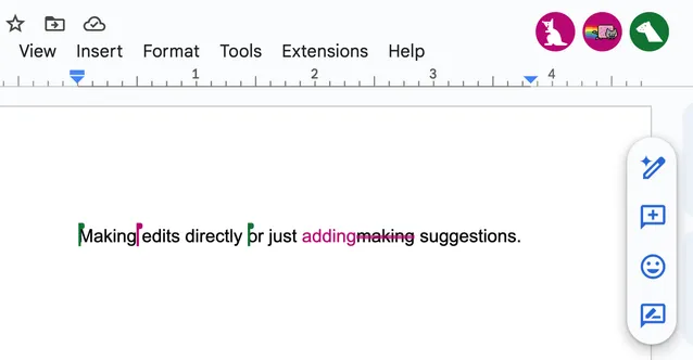 The Google Docs user interface, with several people simultaneously accessing and editing a sentence.