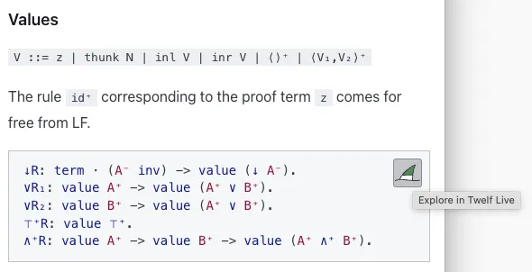 Syntax highlighted Twelf code with a button that invites you to 'Explore in Twelf Live'